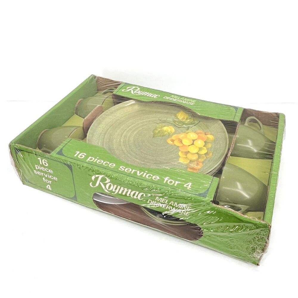 Roymac 16 Piece Melmac Melamine DISH Set Service for 4 Original Box Green Grapes